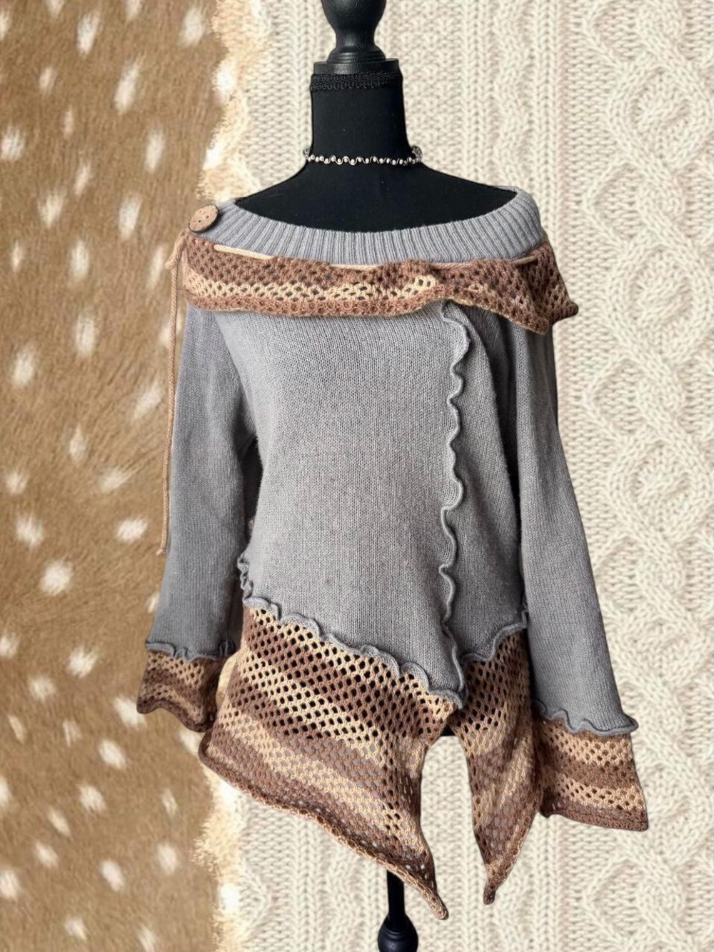 Light blue grey and Brown Crochet-Trim Knit Sweater